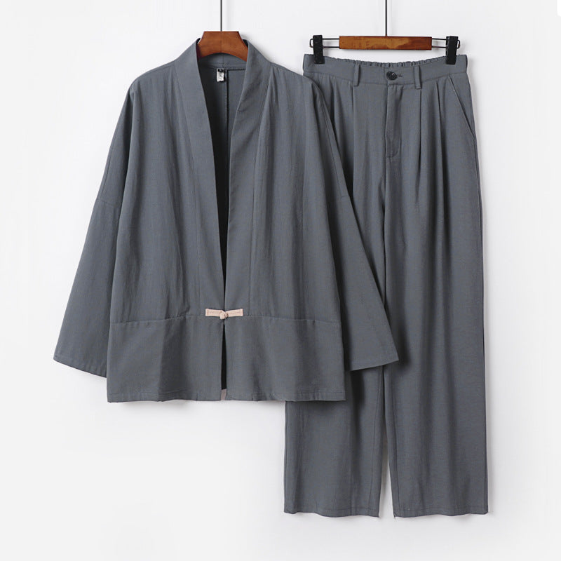 Damen Kimono-Lounge-Set aus leichtem Viskose-Leinen mit dekorativem Knebelverschluss und weiter Bundhose Echoarchiv