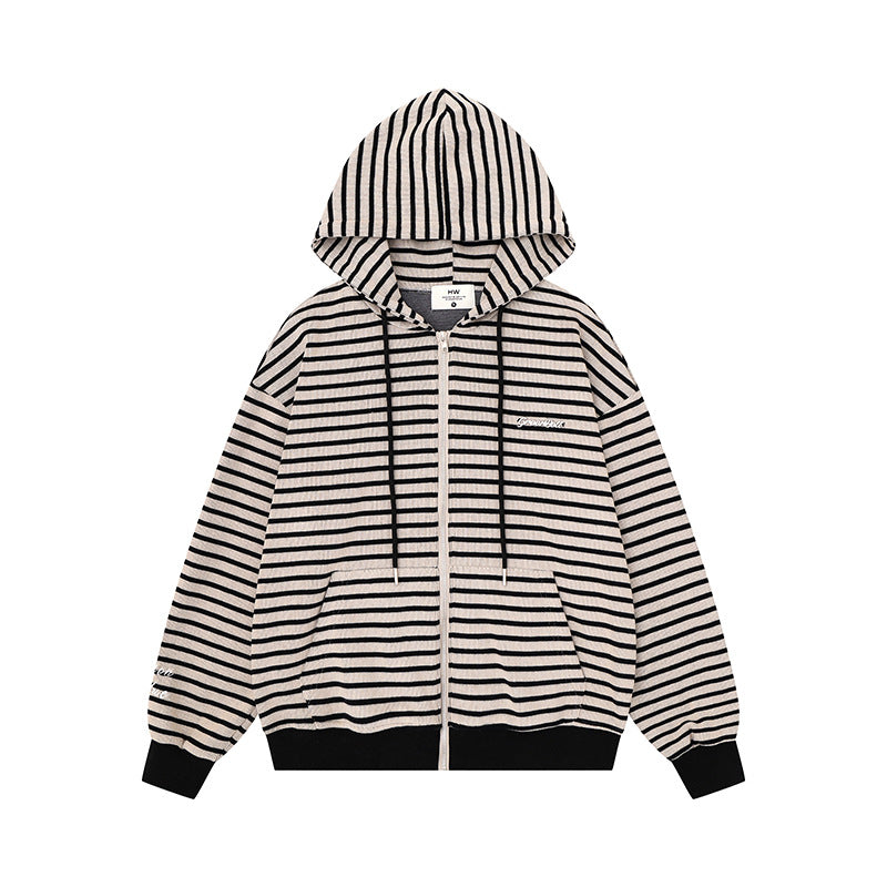 Unisex Leichter gestreifter Kapuzen‑Zipcardigan im Oversize‑Fit aus geripptem Baumwollmix Echoarchiv