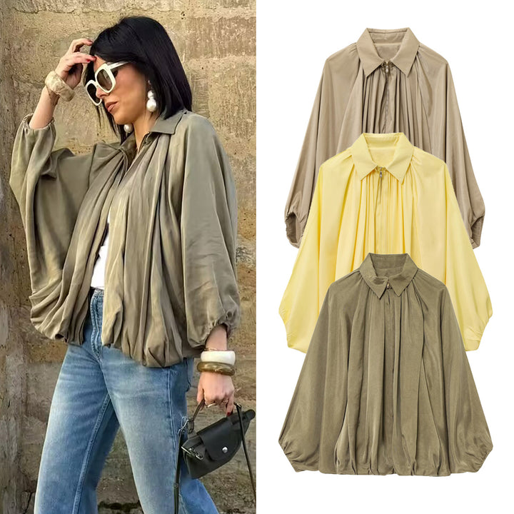 Damen Weite plissierte Hemdblusen-Jacke mit Hemdkragen, Reißverschluss und ballonförmigem Saum Echo Archiv