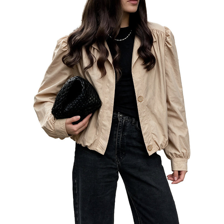 Damen Leichte Kurzjacke mit Ballonärmeln, Puffschultern & Gummizugsaum Echoarchiv