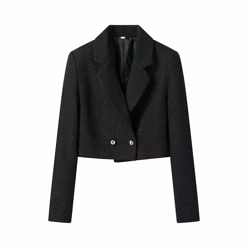 Damen kurze Bouclé-Cropped-Jacke mit Reverskragen und dekorativen Metallknöpfen – Célinea