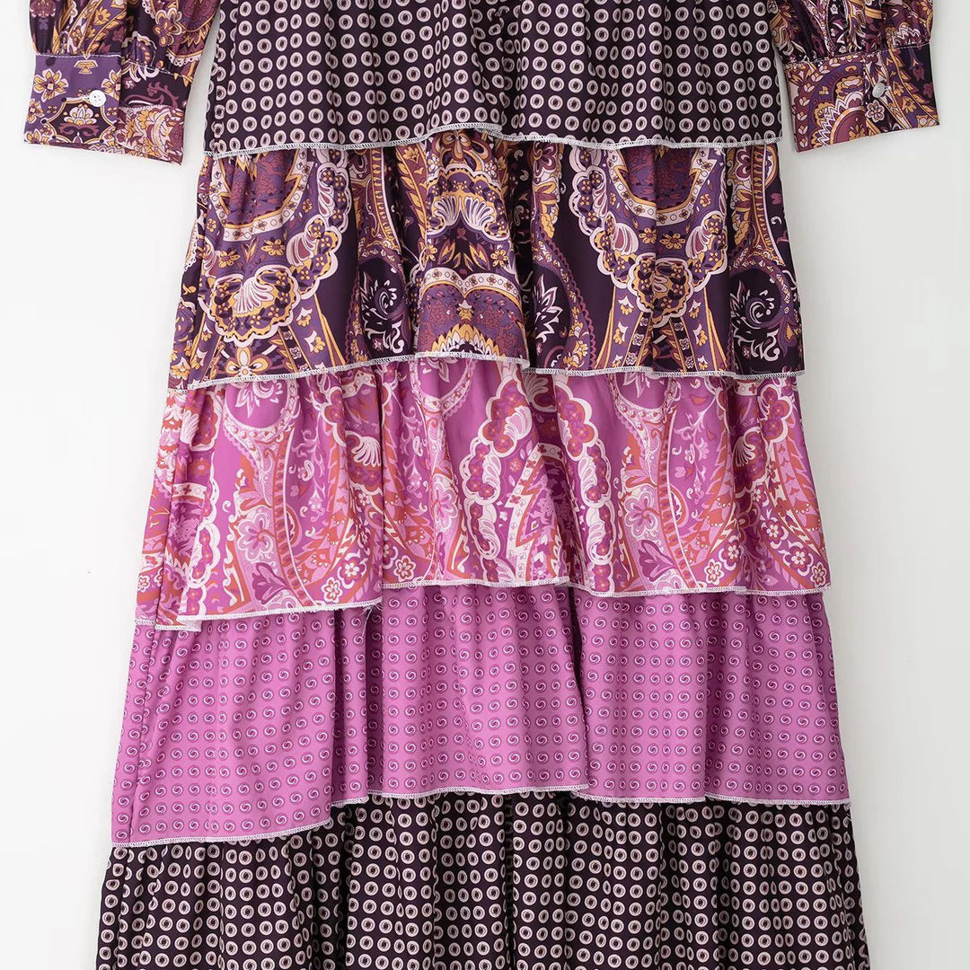 Damen nan gestuftes Maxikleid mit Paisley‑Patchwork, Schleifenkragen und langen Manschettenärmeln Echo Archiv