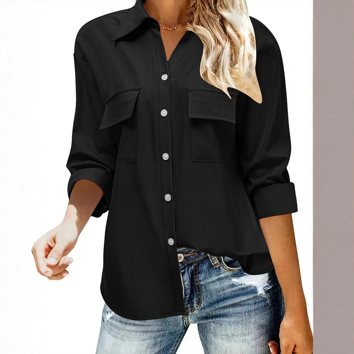 Damen Oversize-Hemdbluse mit Pattentaschen, durchgehender Knopfleiste und umgeschlagenen Ärmeln – Maréline