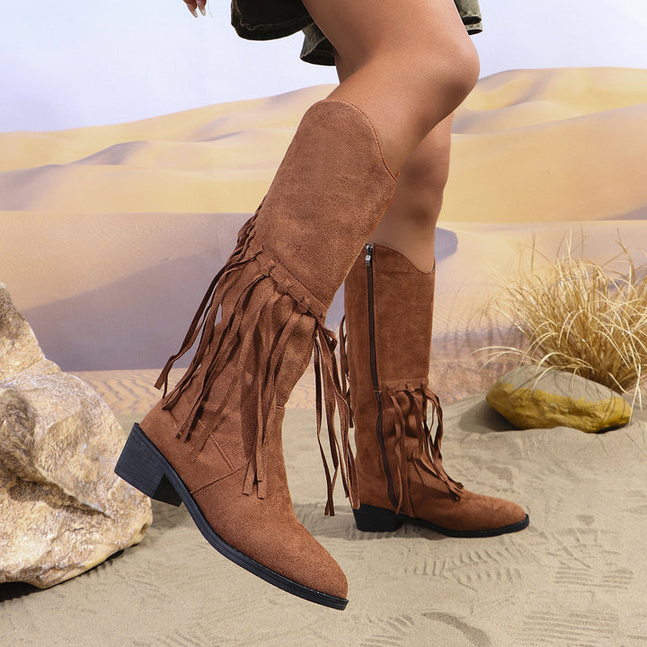 Damen Western-Kniestiefel mit Fransen, Wildlederoptik und mittelhohem Blockabsatz – Lioré