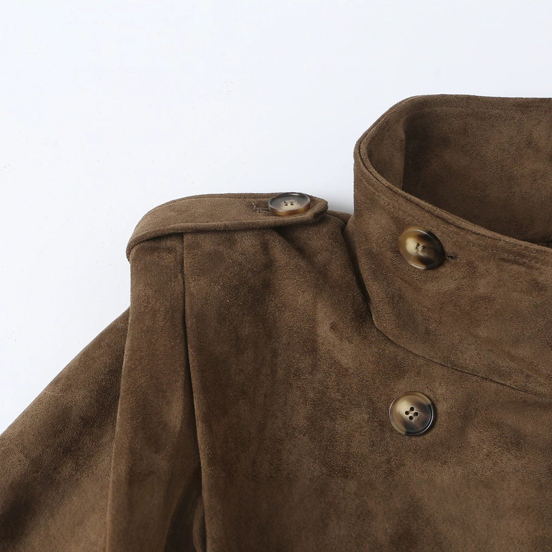Damen Kurze Doppelreihige Velourslederjacke mit Stehkragen und Epauletten Echoarchiv