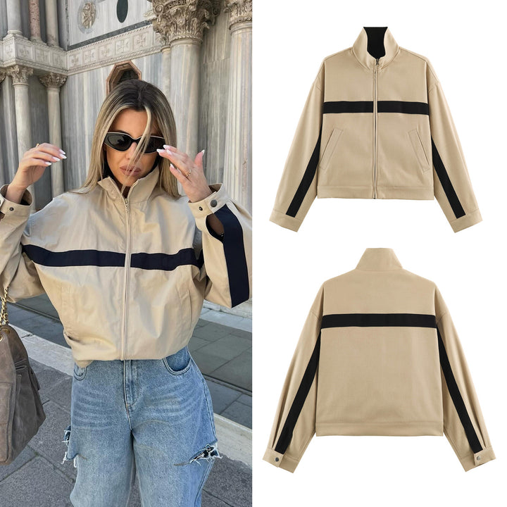Unisex Kurz geschnittene Trackjacke mit Stehkragen, Kontraststreifen und Reißverschluss Echo Archiv