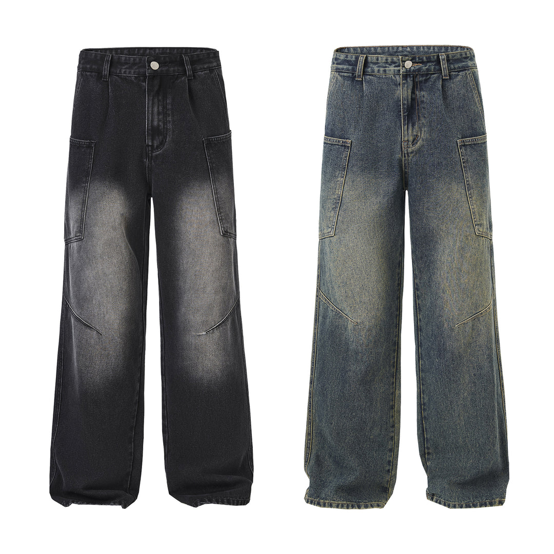 Herren Ultraweite Stonewashed-Denim-Palazzo-Cargohose mit großen Aufsatztaschen Echo Archiv