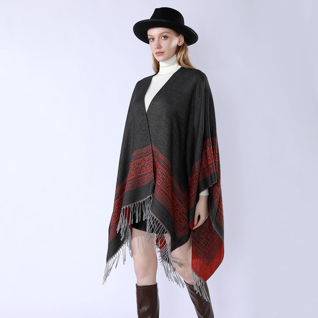 Damen Reversibler Wollmix‑Überwurf im Kimono‑Fall mit ornamentaler Bordüre und Zierfransen – Célinea
