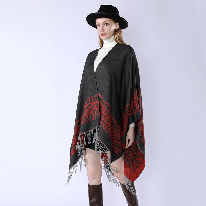 Damen Reversibler Wollmix‑Überwurf im Kimono‑Fall mit ornamentaler Bordüre und Zierfransen – Célinea
