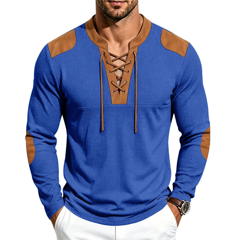 Herren Waffelstruktur-Henley mit Schnürkragen und Kunstleder-Patches – Marzano