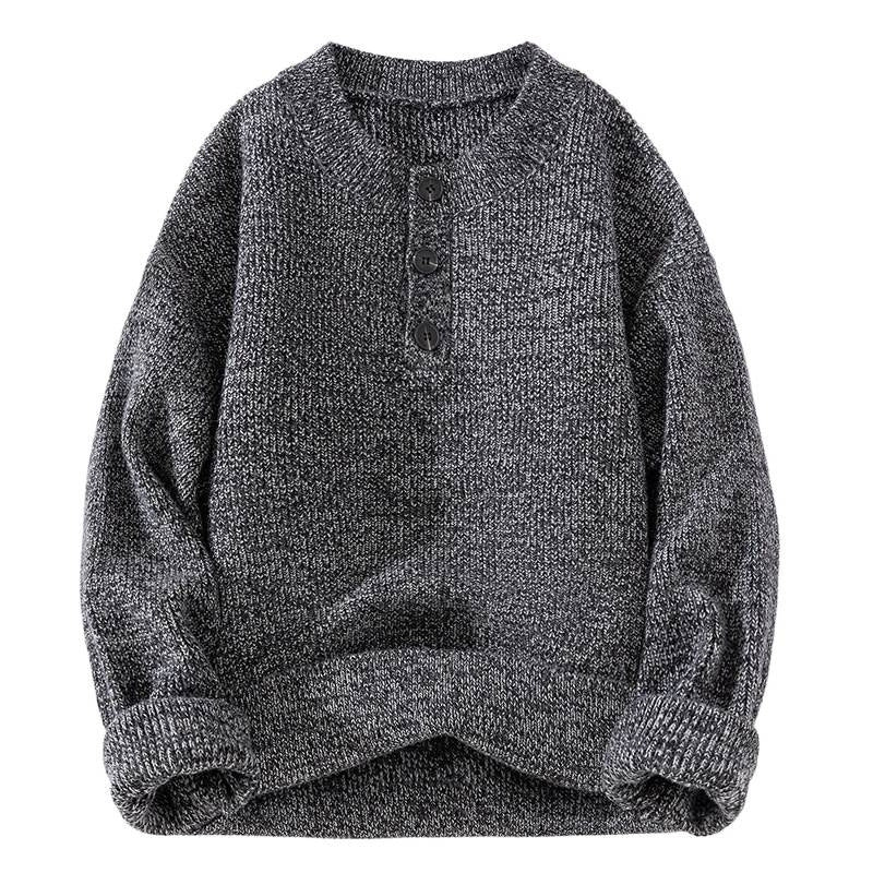 Unisex Grobstrick-Henley-Pullover mit halber Knopfleiste und Rippstruktur Echoarchiv
