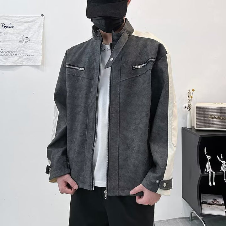 Herren Kontrastärmeliges Oversized Kunstleder-Utility-Jacke mit Stehkragen Echoarchiv