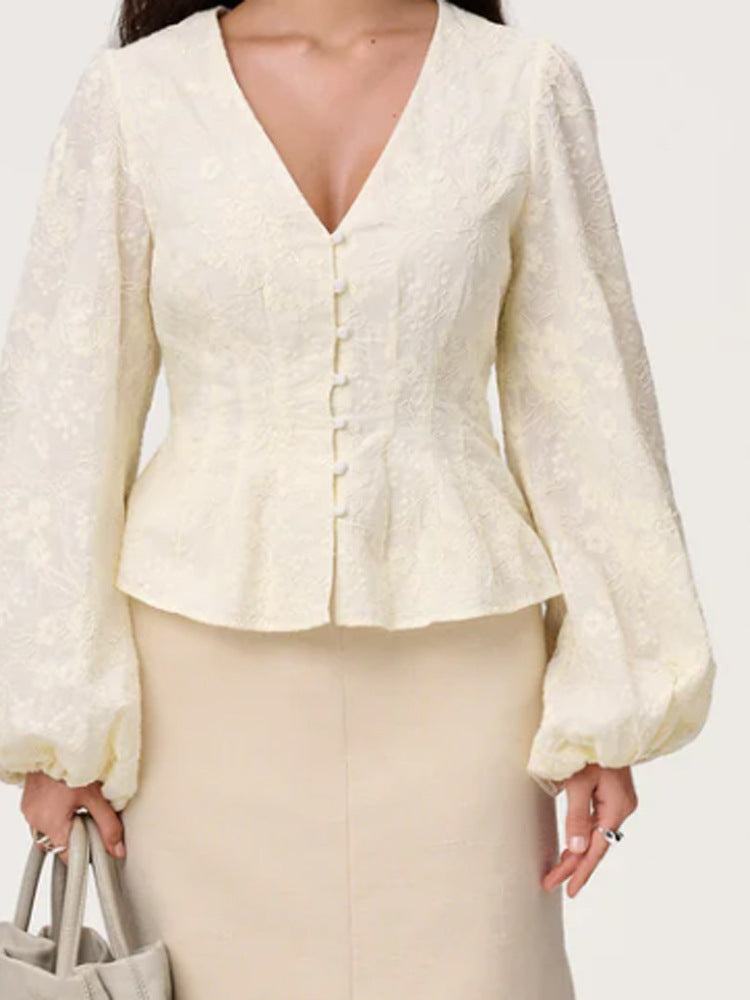 Damen Jacquard-Spitzenbluse mit tailliertem Schößchen und Ballonärmeln Echoarchiv