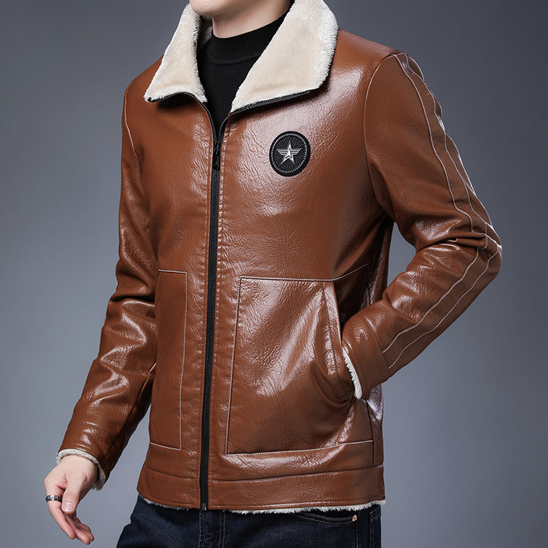 Herren Kunstleder‑Fliegerjacke mit durchgehendem Teddyfutter und Stehkragen – Brevano