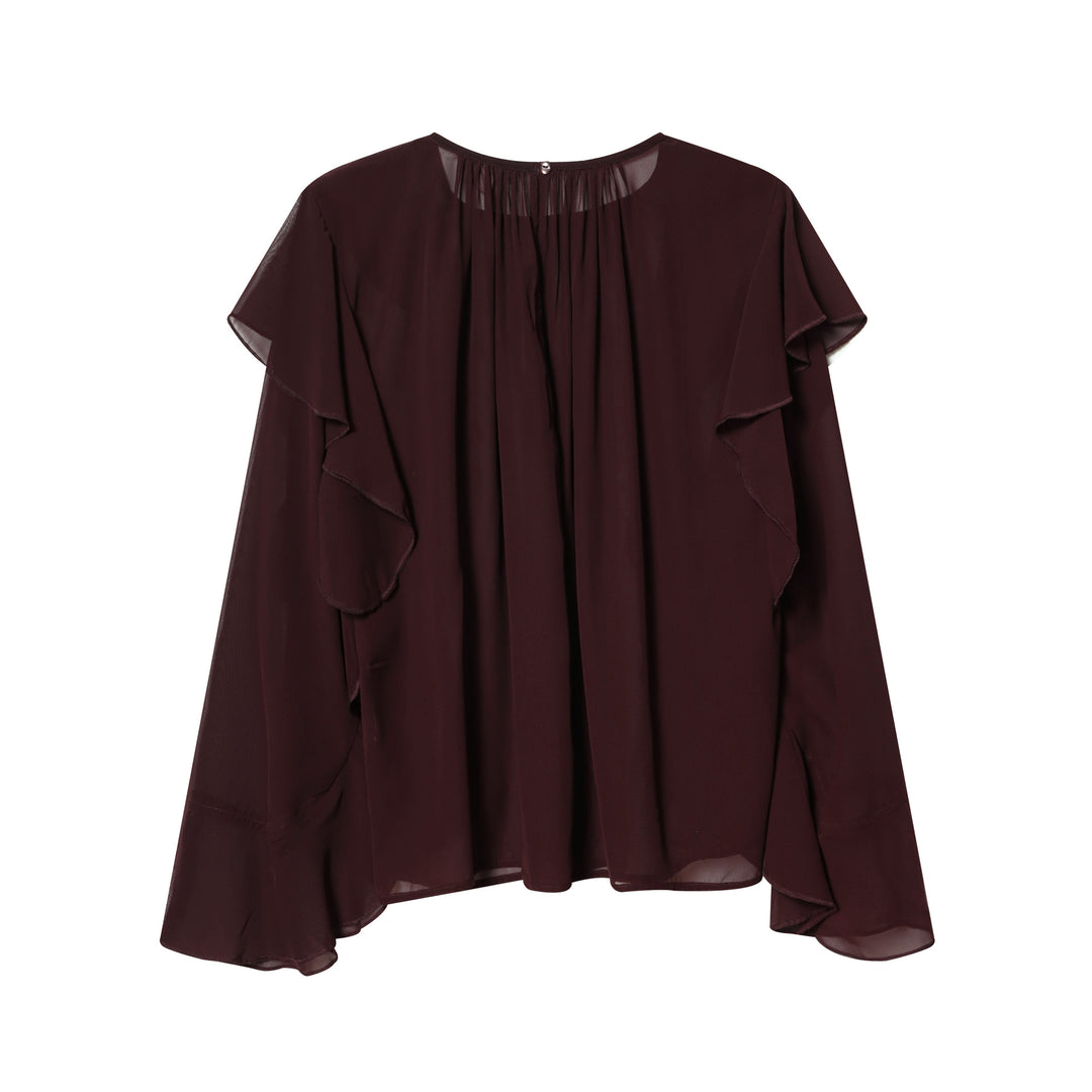 Damen voluminöse Chiffonbluse mit mehrlagigen Volants, gerafftem Ausschnitt und lockerem Fall – Élovi