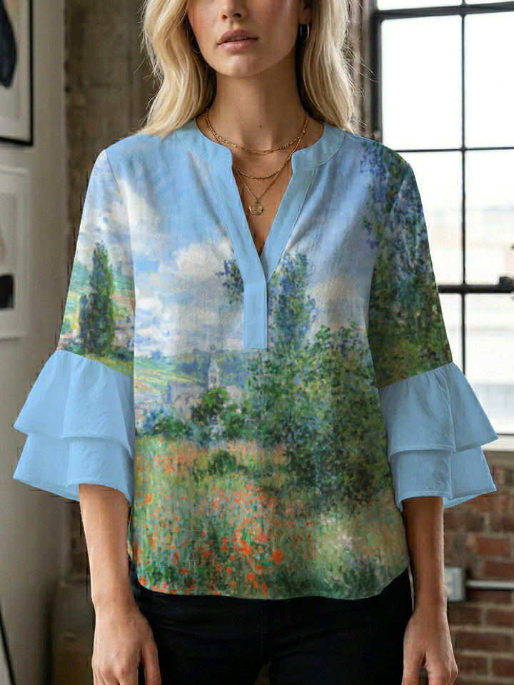 Damen lässige Bluse mit Volantärmeln und botanischem Druck Echo Archiv