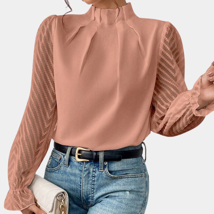 Damen Elegante Chiffonbluse mit Stehkragen, Faltenkante und transparenten Jacquard-Ärmeln – Élovi