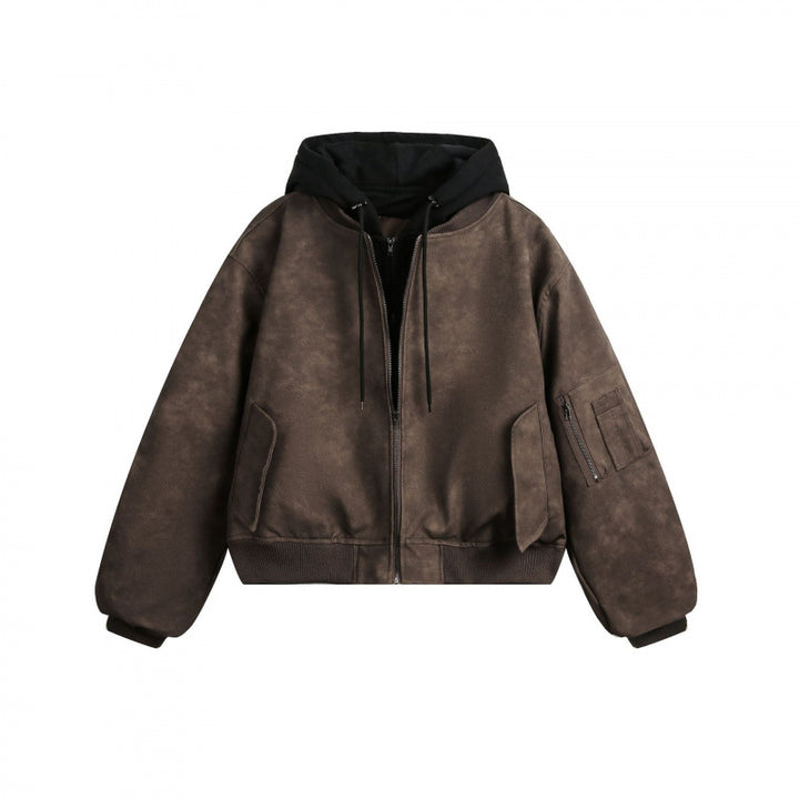 [Herren] Kurz geschnittene Bomberjacke im Vintage‑Velourslook mit integrierter Kapuze, funktionaler Ärmeltasche und gerippten Bündchen Echo Archiv