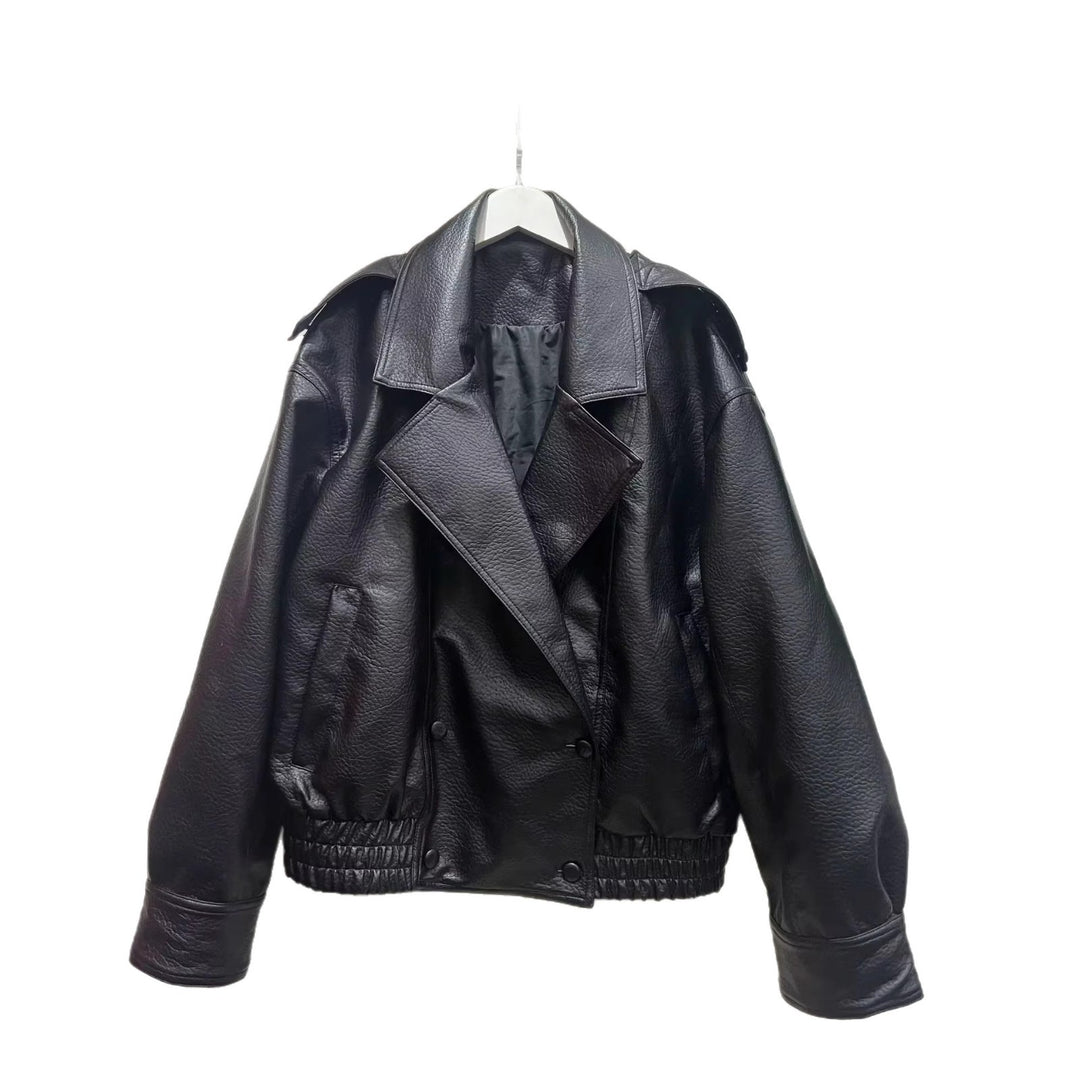 Damen nan cropped zweireihiger Kunstleder-Blouson mit breitem Revers und elastischem Saum Echo Archiv