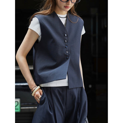 Damen Oversized-Tailoring-Weste mit V-Ausschnitt und durchgehender Knopfleiste Echoarchiv