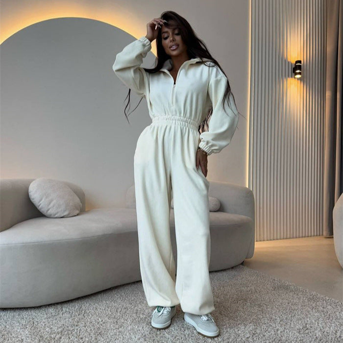 Damen Oversized Loungewear-Jumpsuit mit halbem Reißverschluss und elastischer Taillenraffung – Solévia