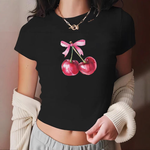 Damen Crop-T-Shirt mit fröhlichem Kirschmotiv Echo Archiv