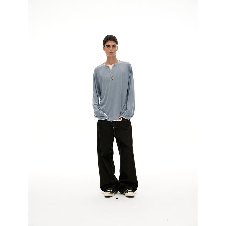 Unisex Baumwollmix-Henleyshirt mit doppellagigem Kragen und Holzknopfleiste Echoarchiv