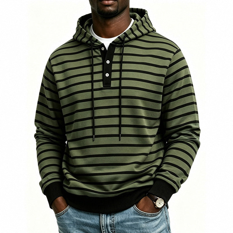 Herren Kapuzenpullover mit Henley-Knopfleiste und feinem Streifenstrukturmuster Echoarchiv