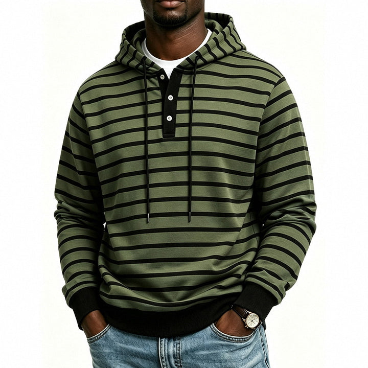 Herren Kapuzenpullover mit Henley-Knopfleiste und feinem Streifenstrukturmuster Echoarchiv