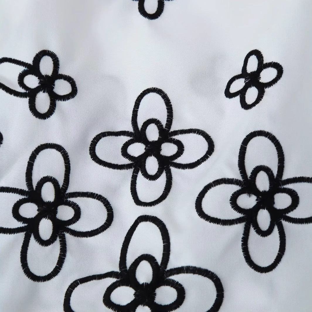 Damen bestickte Chiffon-Bluse mit floralem Saum, Volumenärmeln und Hemdkragen – Élovi