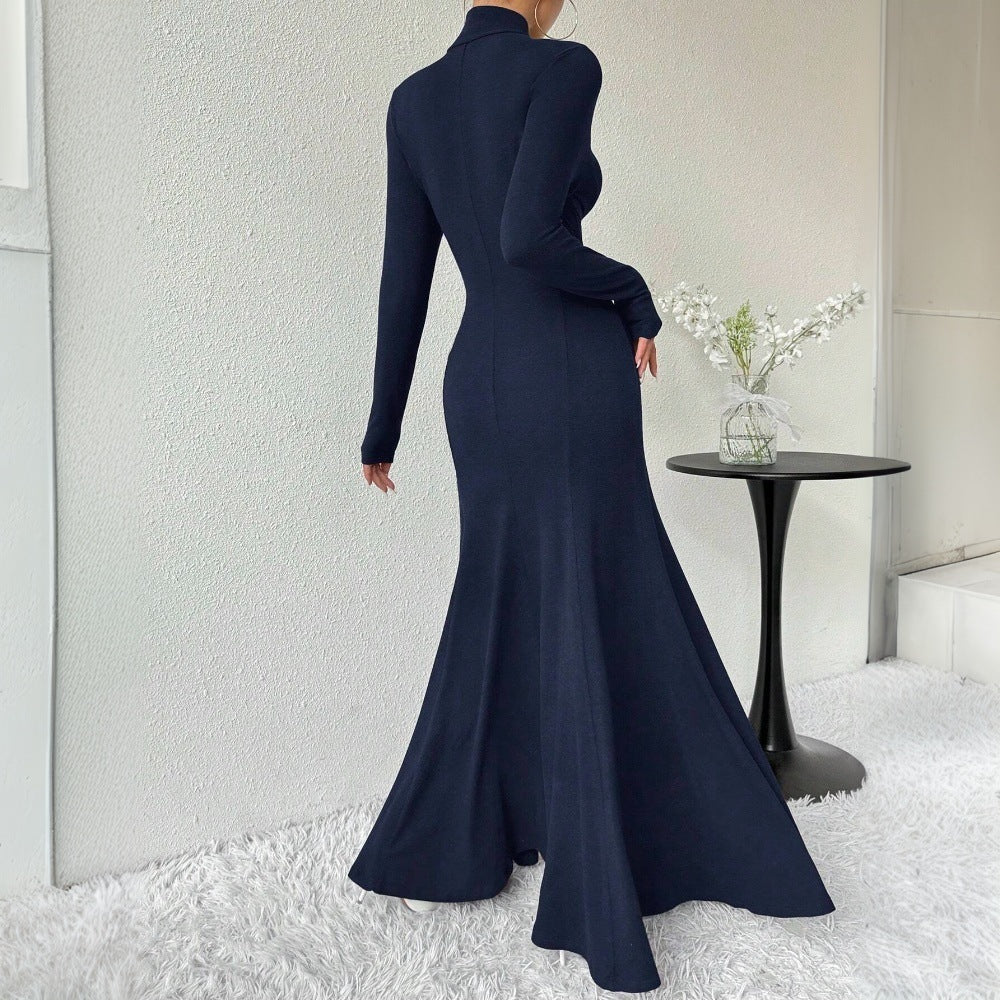 Damen figurbetontes Rollkragen-Maxikleid mit Meerjungfrauen-Silhouette, langen Ärmeln und formendem Stretch-Jersey – Valéora