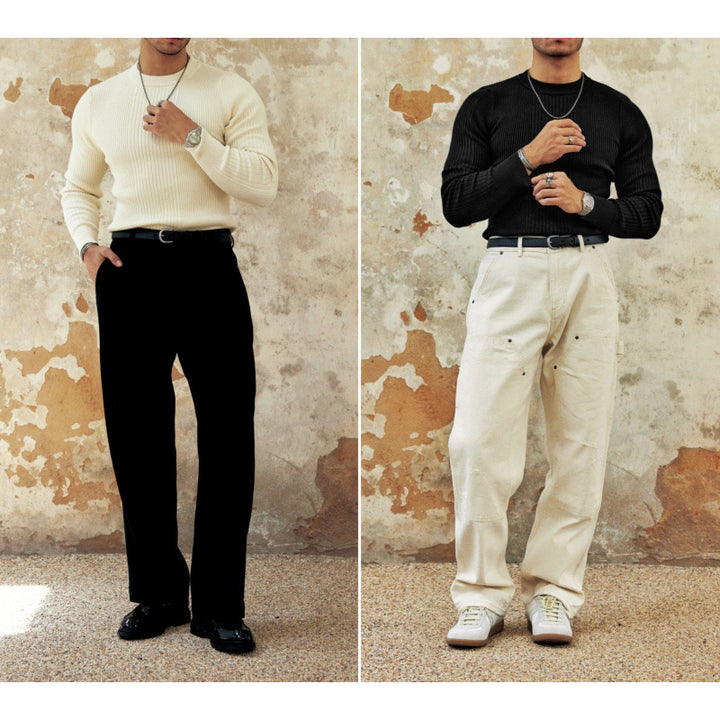 Herren Figurbetonter Rippstrick-Pullover mit Rundhalsausschnitt Echoarchiv