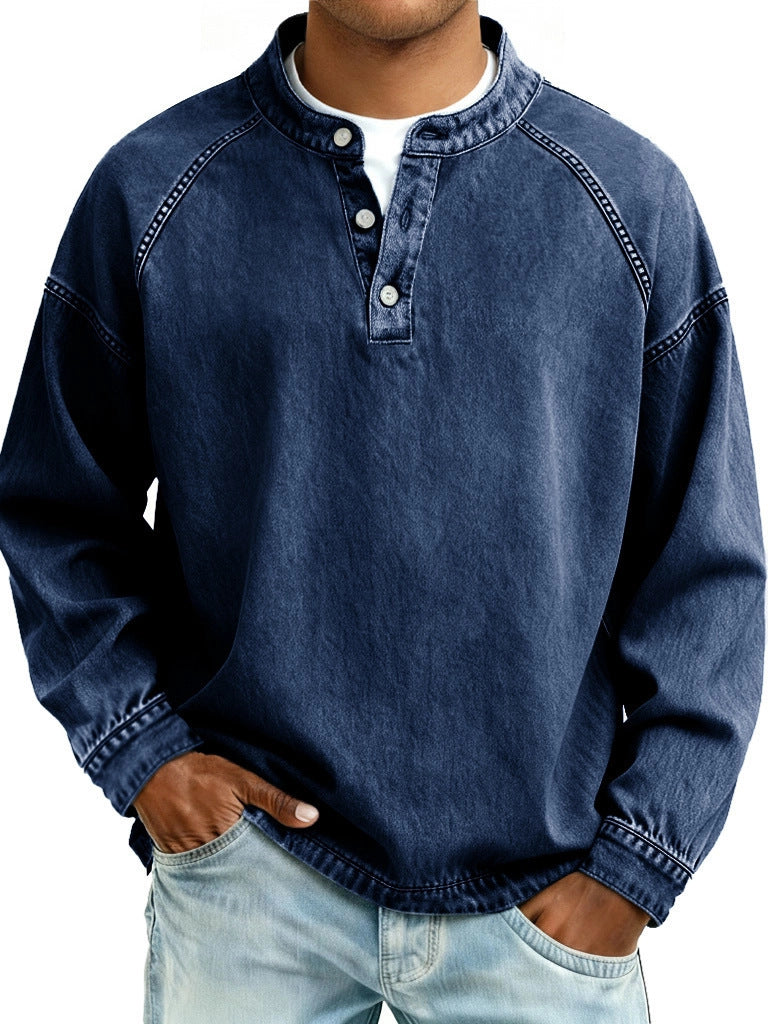 Herren verwaschenes Henley-Shirt mit Stehkragen, lockerer Passform und Knopfleiste – Marzano