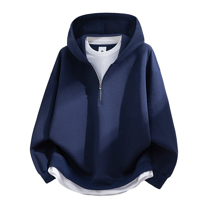 Unisex Oversize-Halbzip-Kapuzenpullover mit Lagen‑Optik, gerundetem Saum & gerippten Bündchen Echoarchiv