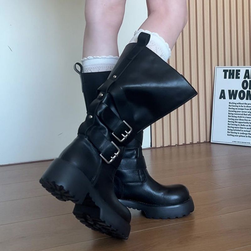 Damen wadenhohe Bikerboots mit klappbarer Manschette, doppelten Metallschnallen und geformter Plateau-Sohle – Lioré