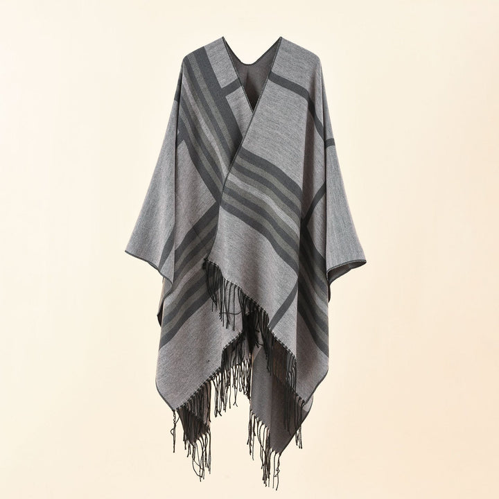 Damen Kastiger Ruana-Überwurf mit Fransen und diagonalem Streifenjacquard Echo Archiv