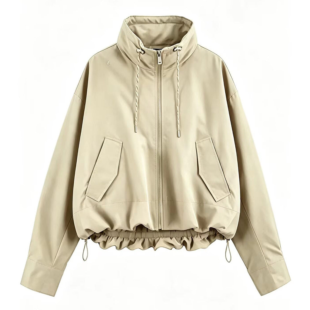 Damen Cropped Oversize Windbreaker mit hohem Funnelkragen, Kordelzug und gerafftem Elastikbund Echoarchiv