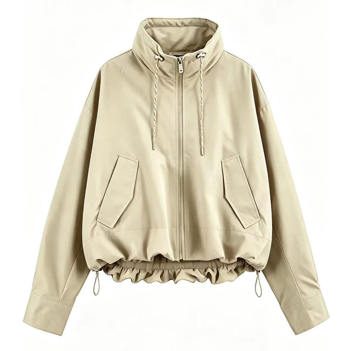 Damen Cropped Oversize Windbreaker mit hohem Funnelkragen, Kordelzug und gerafftem Elastikbund Echoarchiv