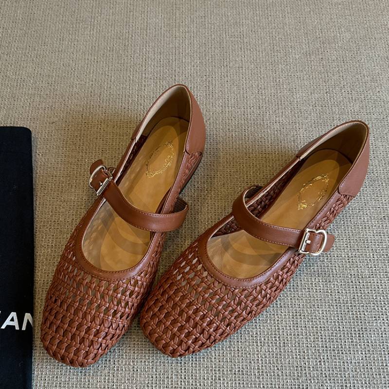 Damen geschlossene Ballerinas mit festem Riemen und geflochtenem Obermaterial Echoarchiv