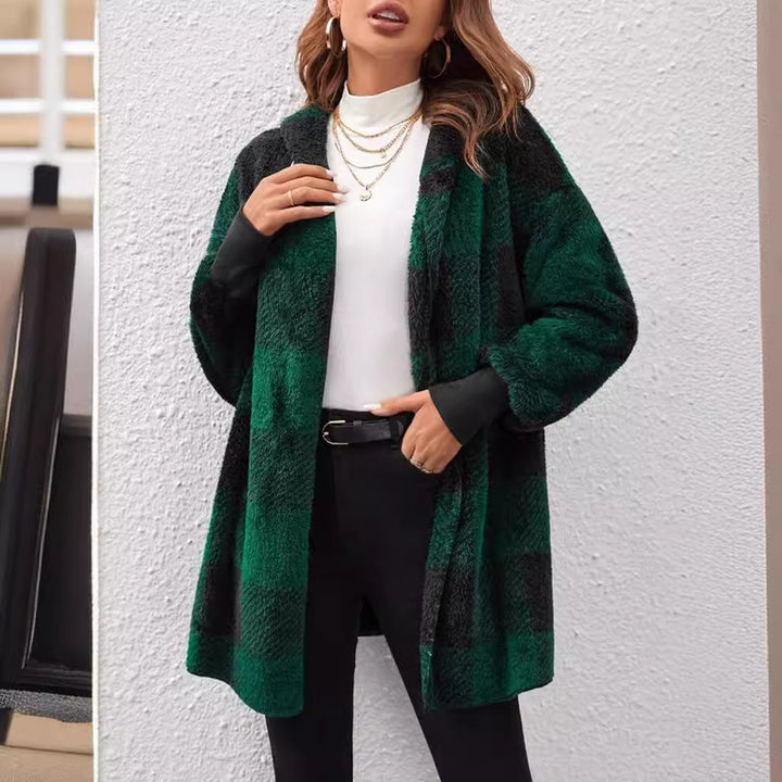 Damen nan karierter Teddy-Mantel mit großem Reverskragen und Rippbündchen Echo Archiv