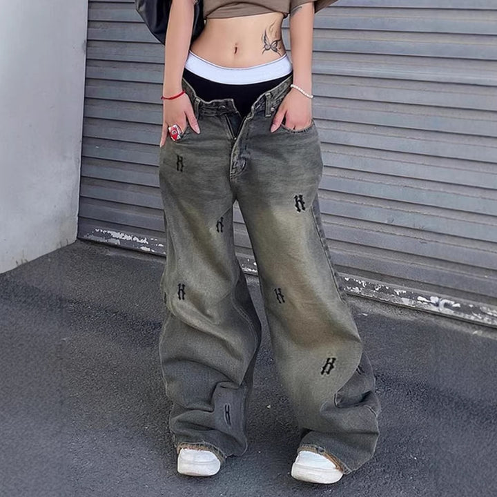 Damen High‑Waist Straight‑Leg Jeans mit dekorativen Mini‑Stickereien und Used‑Effekt Echo Archiv