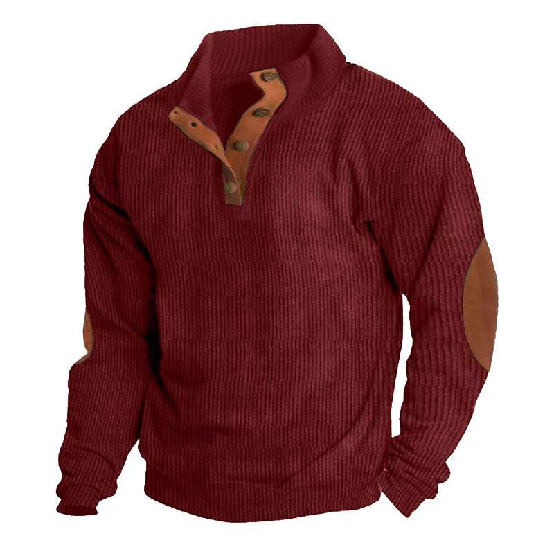 Herren Gerippter Henley-Pullover mit Stehkragen, Knopfleiste & Leder-Ellbogenpatches – Norvane