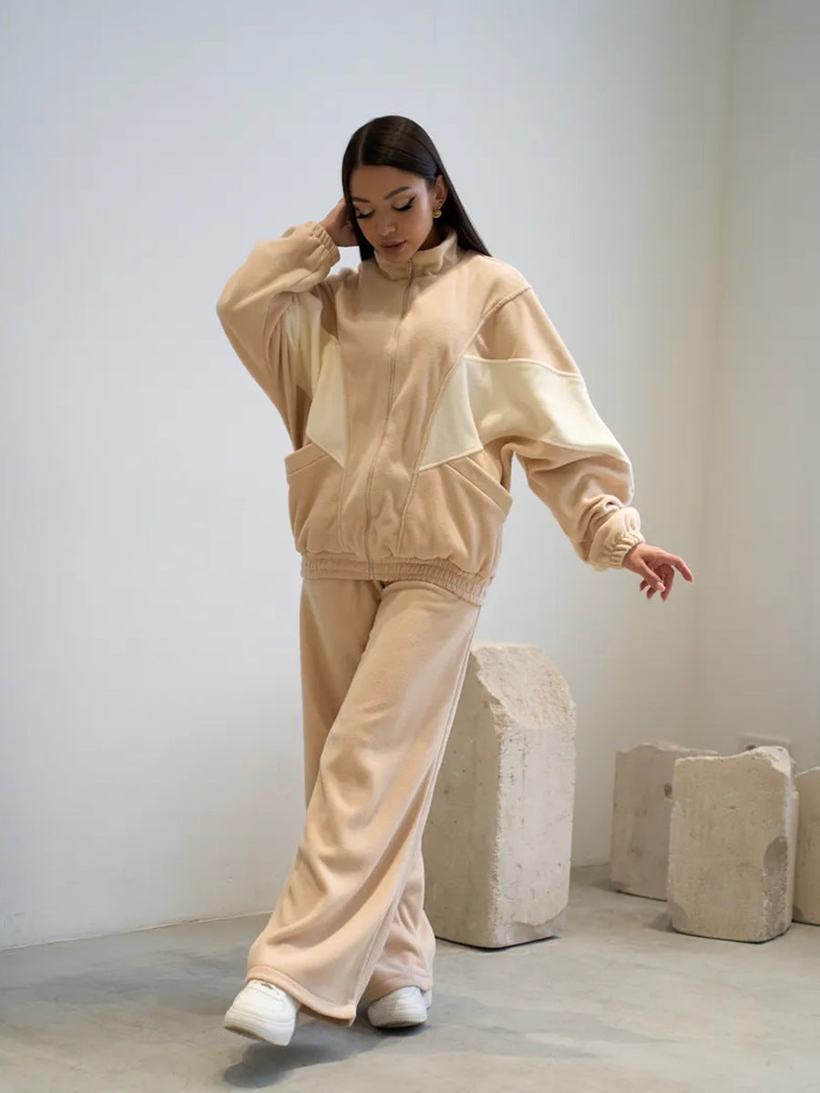 Damen Oversized Fleece-Lounge-Set mit Stehkragen, Reißverschlussjacke und weiter Palazzohose – Auréline