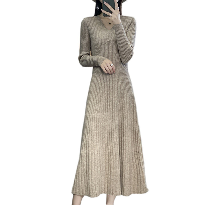 Damen Langes geripptes Strickmidikleid mit taillierter Silhouette und A‑Linien-Rock Echoarchiv
