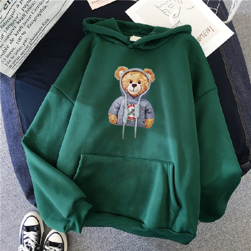 Unisex lässiger Oversize Kapuzenpullover mit Teddy-Frontprint, Kängurutasche und weichem Fleece-Innenfutter – Auréline