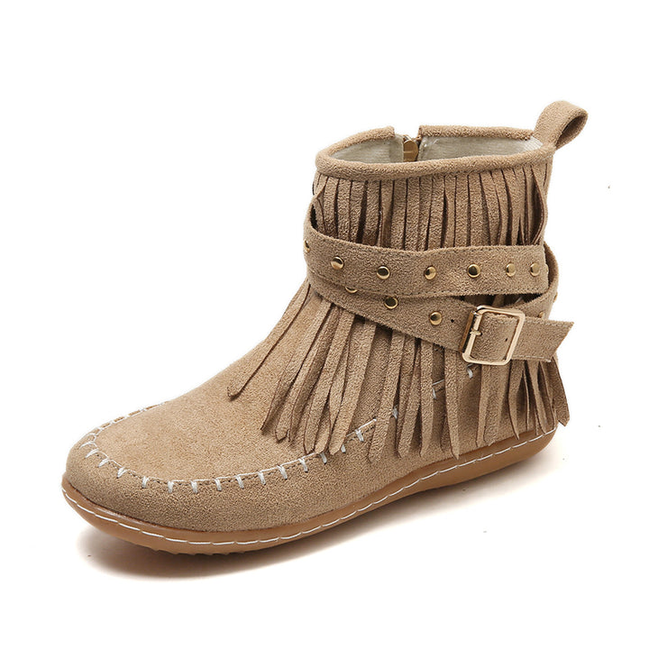 Damen Mokassin-Shortboots mit Fransen, Ziergürtel und handgenähter Mokassinnaht – Varelle