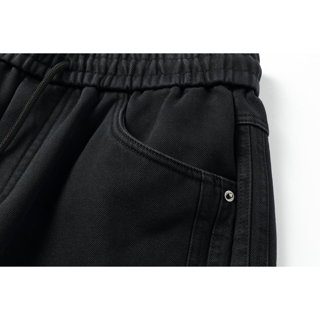 Damen Weite hochgeschnittene Jeanshose mit elastischem Bund, Kordelzug und Ziernähten Echoarchiv