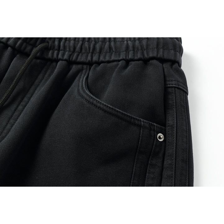 Damen Weite hochgeschnittene Jeanshose mit elastischem Bund, Kordelzug und Ziernähten Echoarchiv