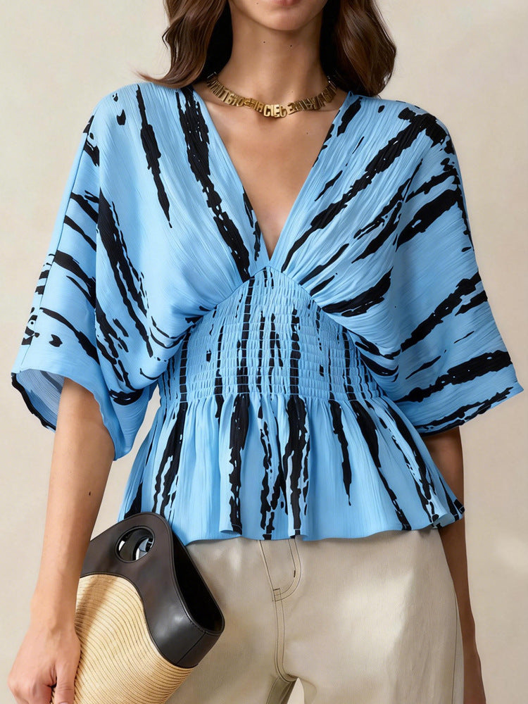 Damen V-Ausschnitt Bluse mit weitem Schnitt und Raffung Echo Archiv