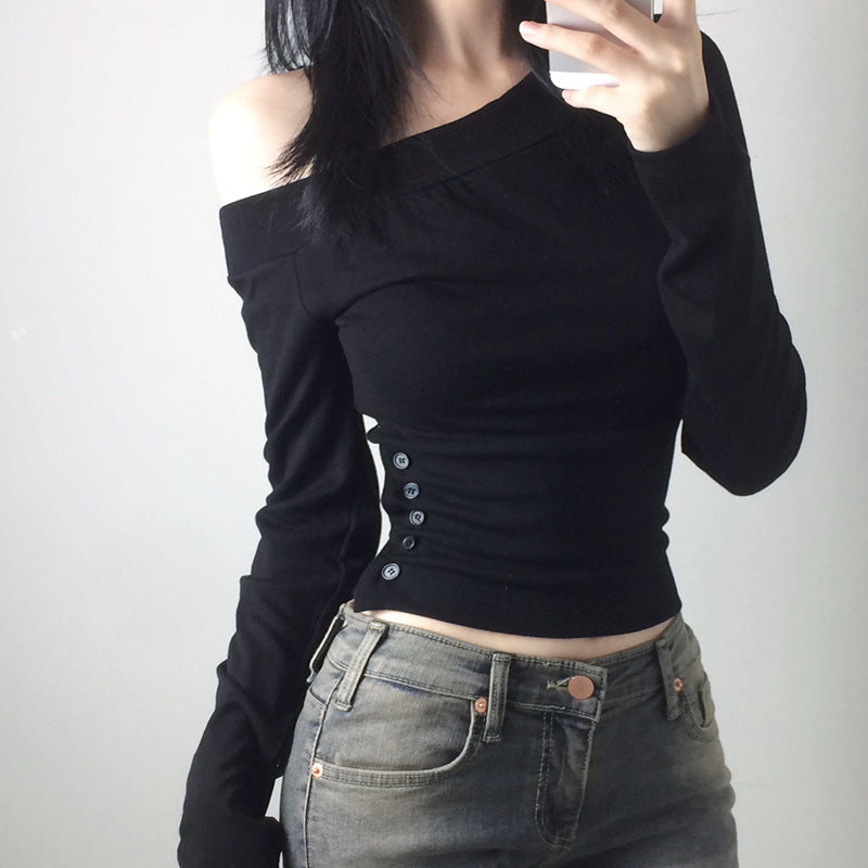 Damen nan schulterfreies Langarmshirt mit taillierter Silhouette und seitlicher Knopfleiste Echo Archiv
